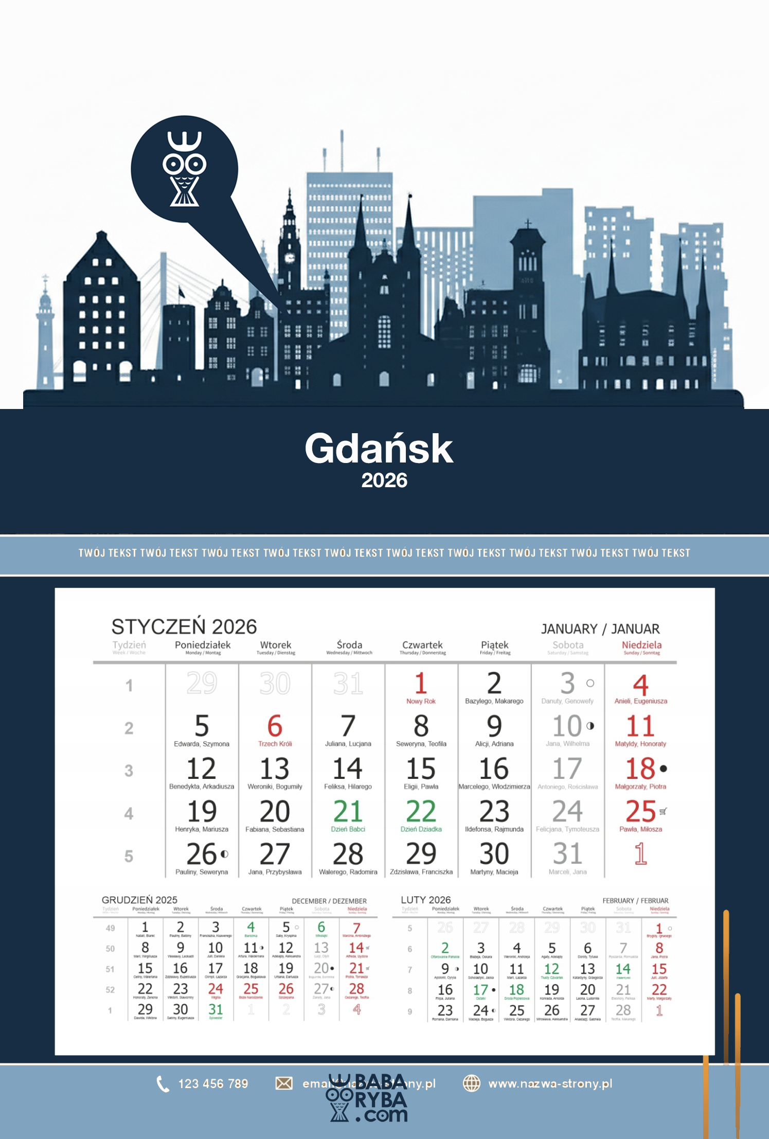 Ścienny kalendarz NFC — wzór Gdańsk z logo i własnym tekstem